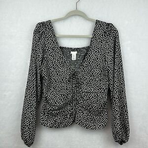 H&M Women Medium Black White Floral Long Sleeve Top Blouse Smocked Roached